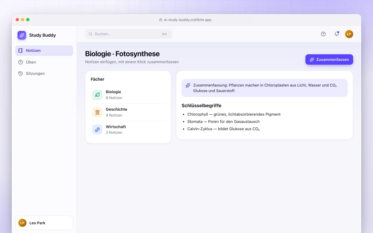 KI-Lernbegleiter: der Bildschirm „Biologie · Fotosynthese“