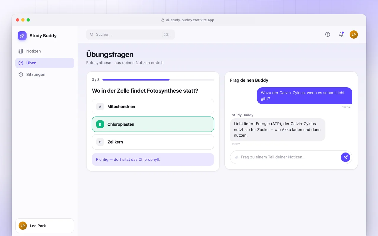 KI-Lernbegleiter: der Bildschirm „Übungsfragen“
