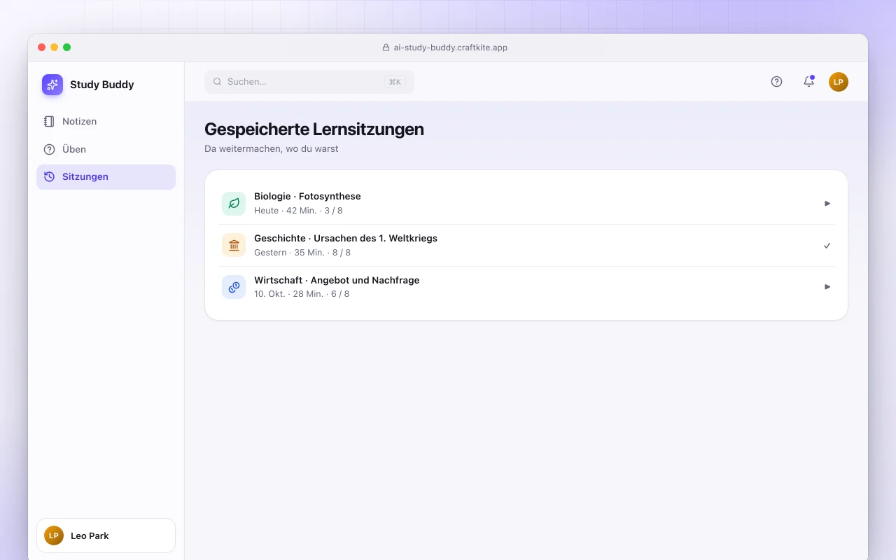 KI-Lernbegleiter: der Bildschirm „Gespeicherte Lernsitzungen“