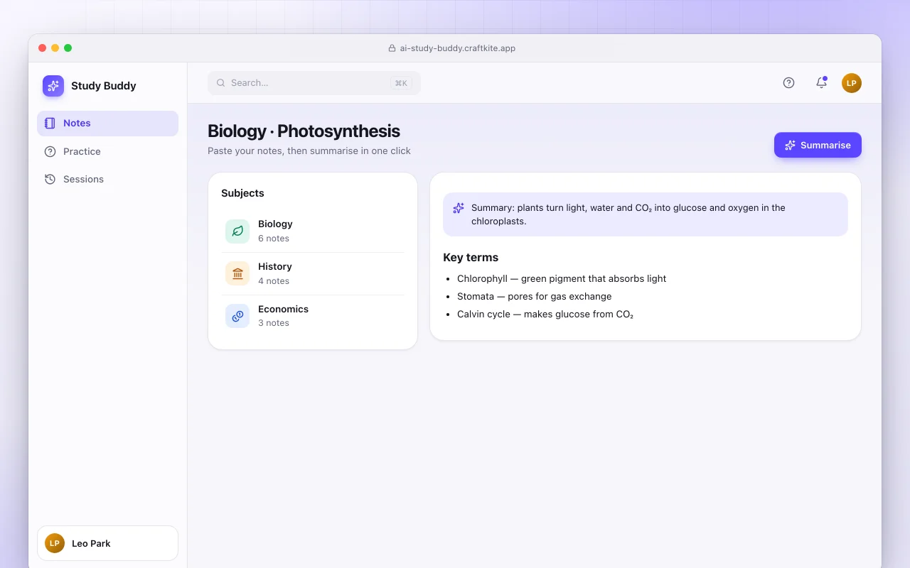 AI study buddy: the Biology · Photosynthesis screen
