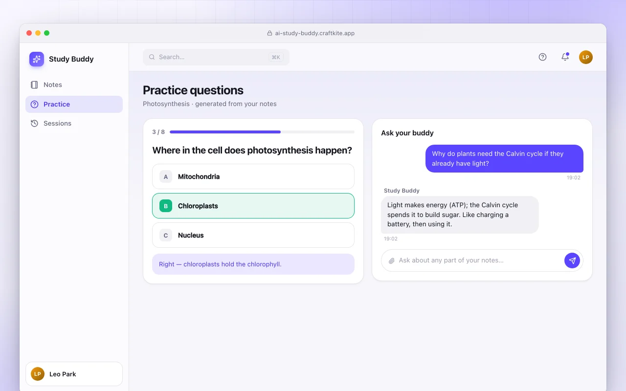 AI study buddy: the Practice questions screen