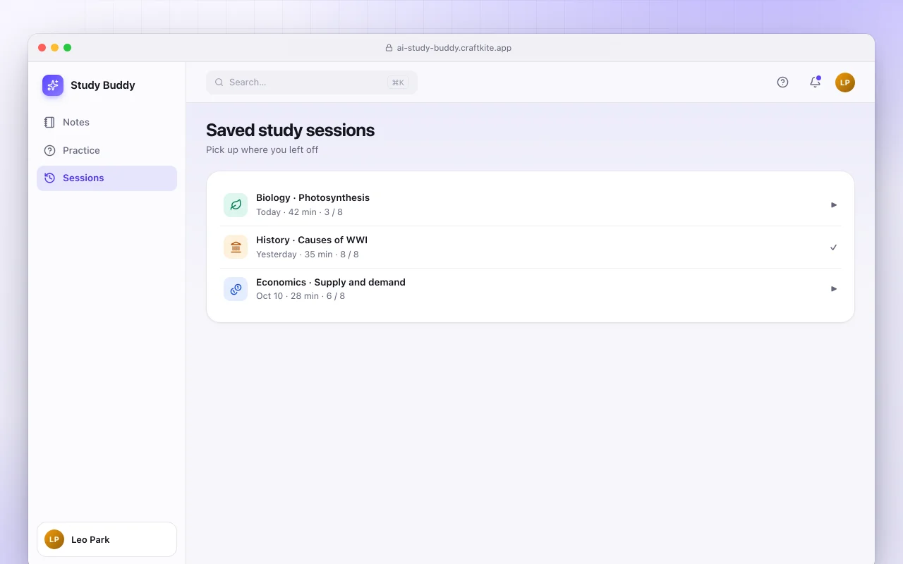 AI study buddy: the Saved study sessions screen