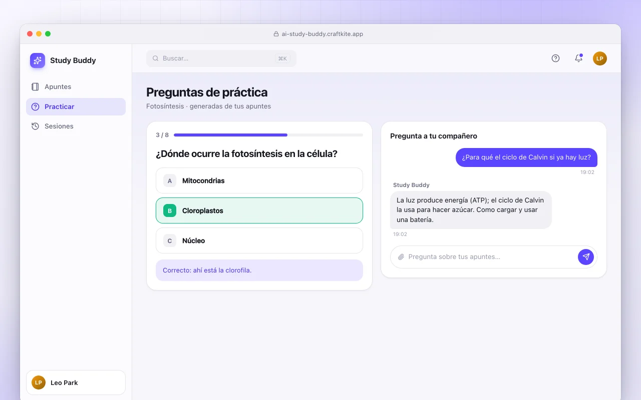 Compañero de estudio con IA: la pantalla Preguntas de práctica