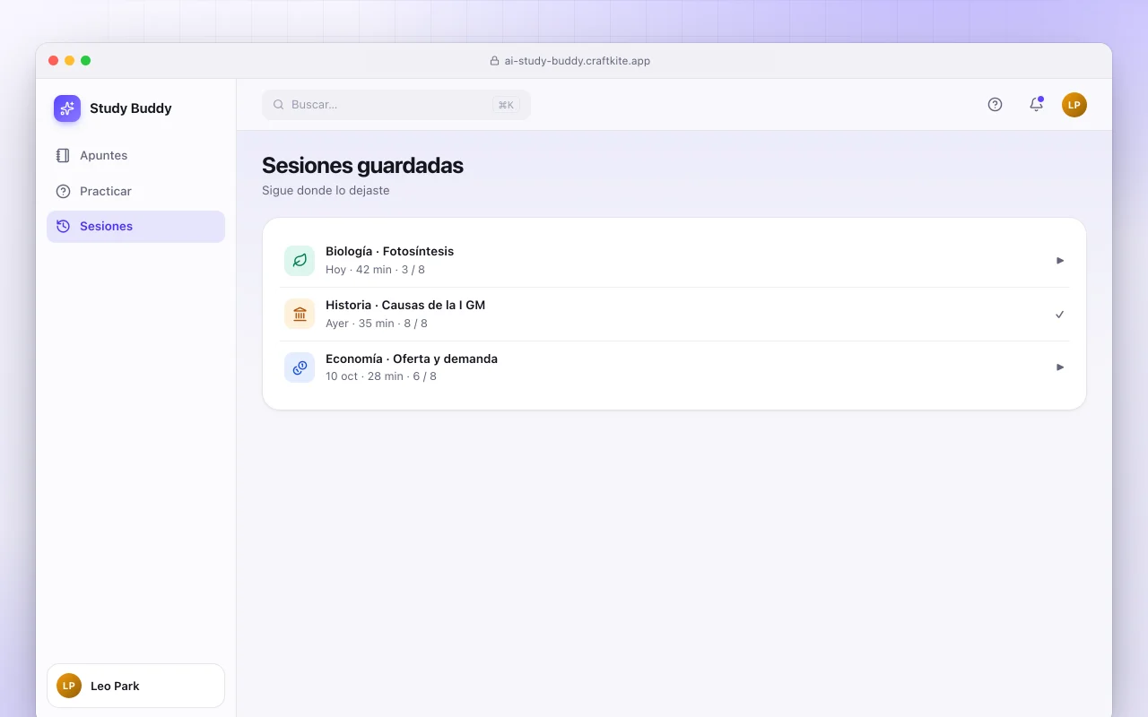 Compañero de estudio con IA: la pantalla Sesiones guardadas
