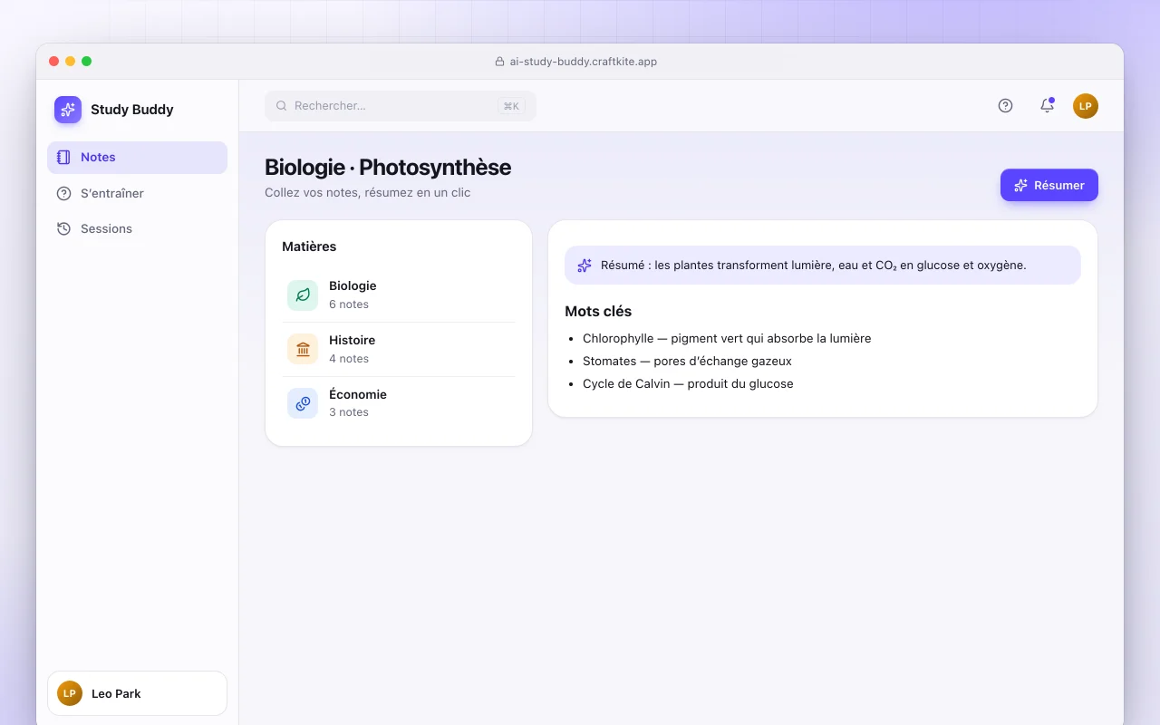 Assistant d’étude IA : l’écran Biologie · Photosynthèse