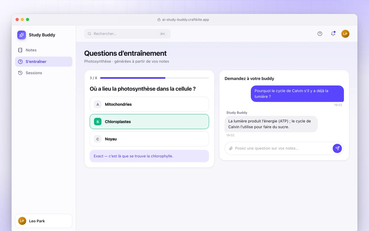 Assistant d’étude IA : l’écran Questions d’entraînement