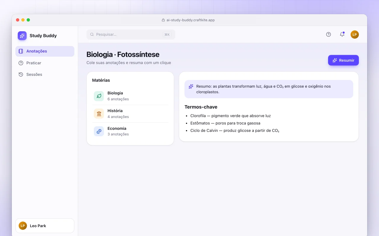 Parceiro de estudos com IA: a tela Biologia · Fotossíntese