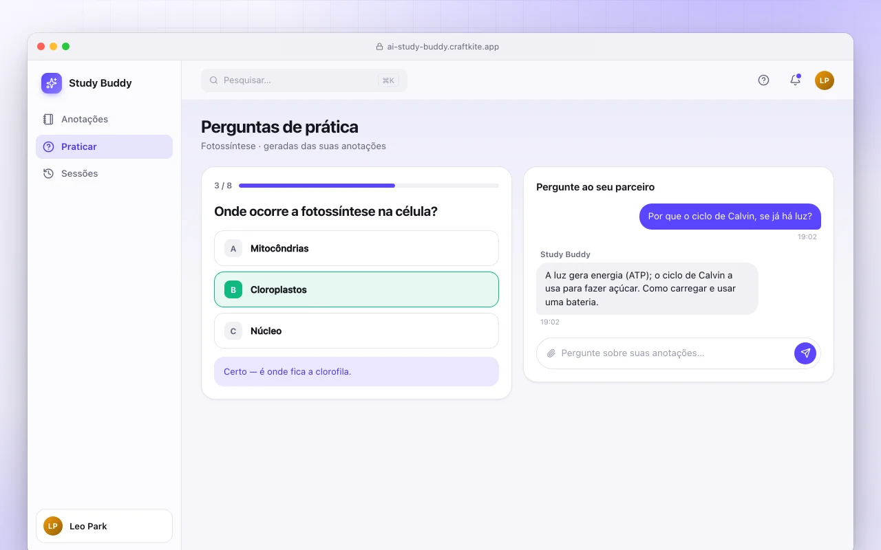 Parceiro de estudos com IA: a tela Perguntas de prática