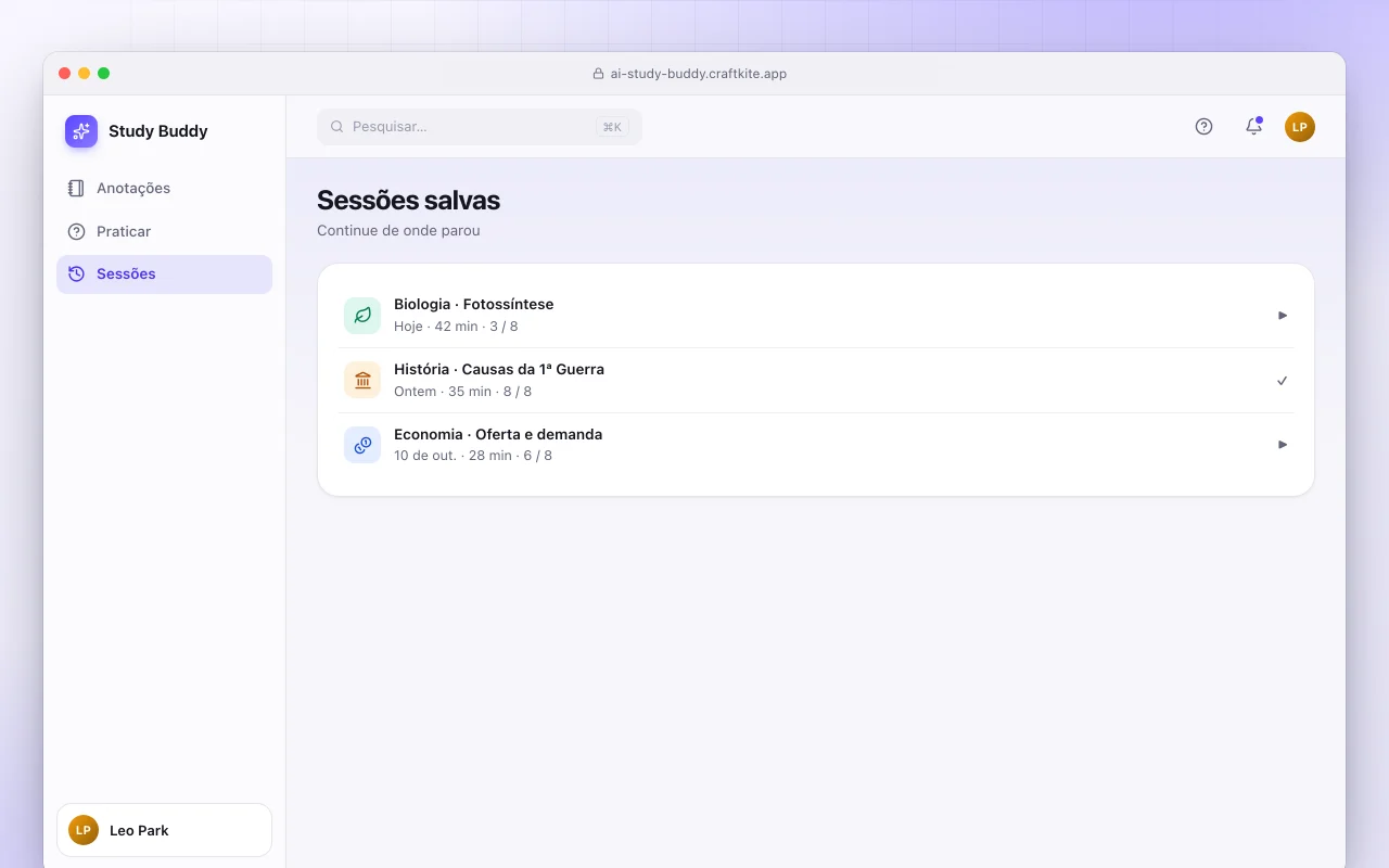 Parceiro de estudos com IA: a tela Sessões salvas