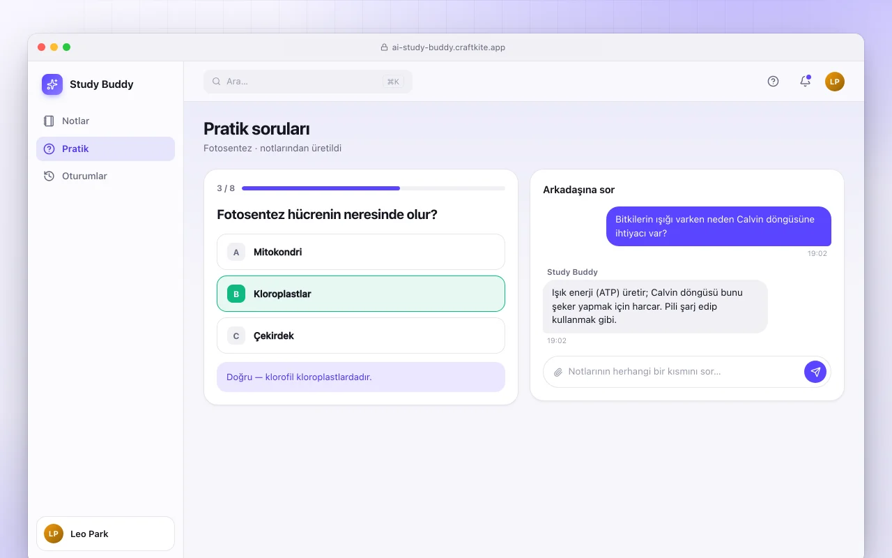 Yapay zekâ çalışma arkadaşı: Pratik soruları ekranı