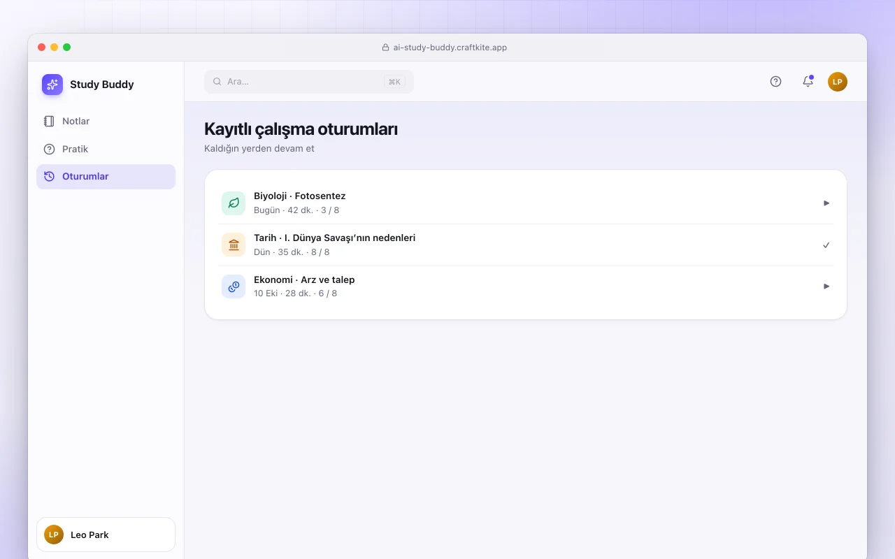 Yapay zekâ çalışma arkadaşı: Kayıtlı çalışma oturumları ekranı