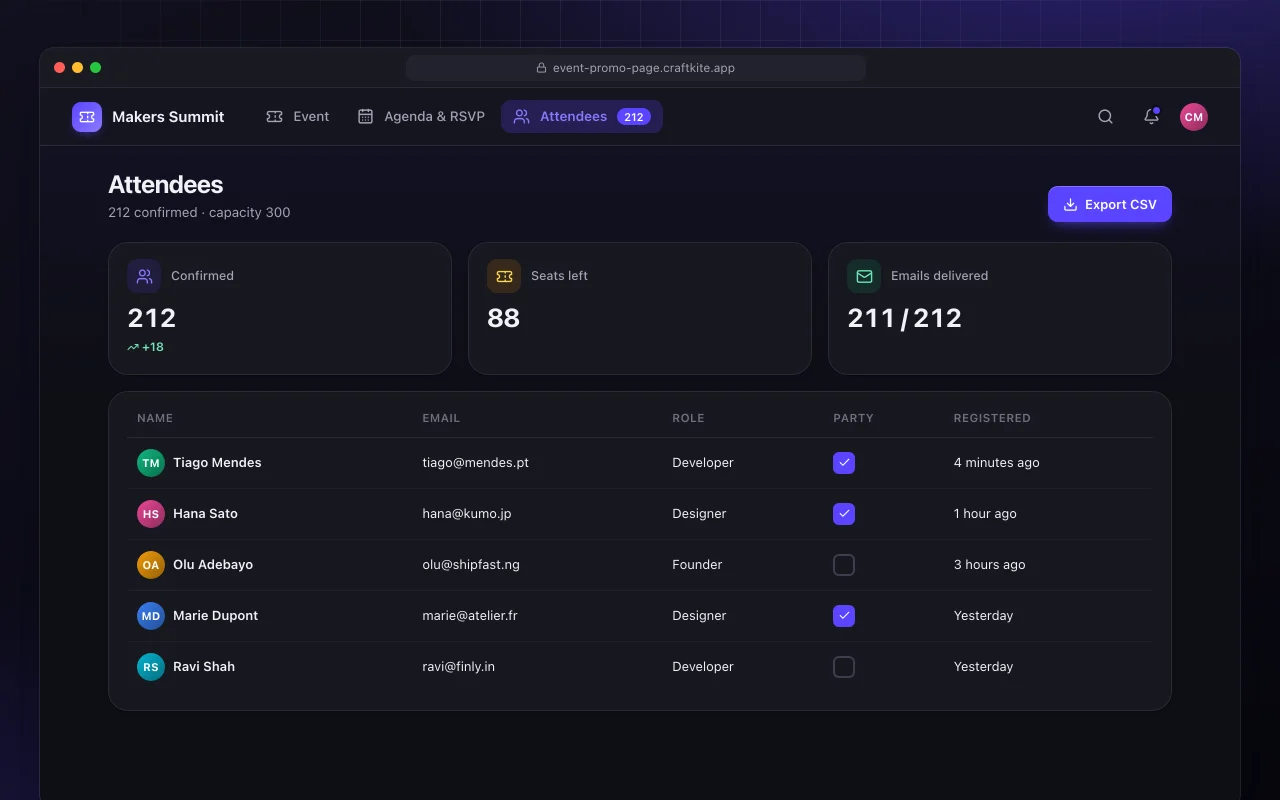 Event promo page: the Attendees screen