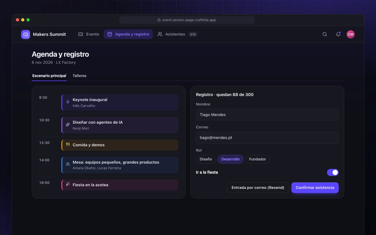 Página de promoción de eventos: la pantalla Agenda y registro