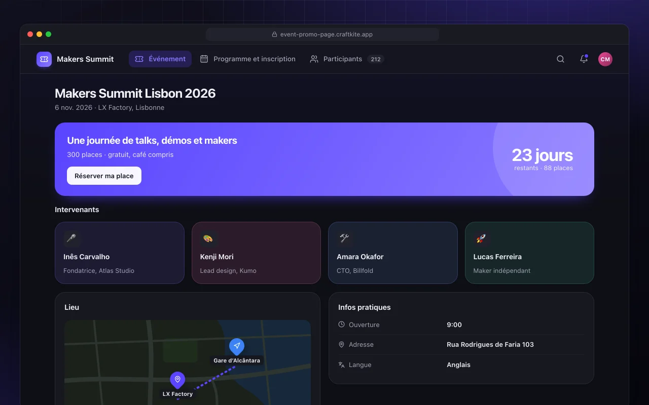 Page de promotion d’événement : l’écran Makers Summit Lisbon 2026