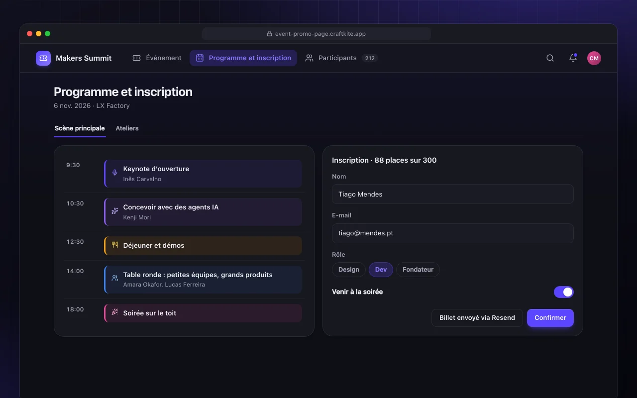 Page de promotion d’événement : l’écran Programme et inscription