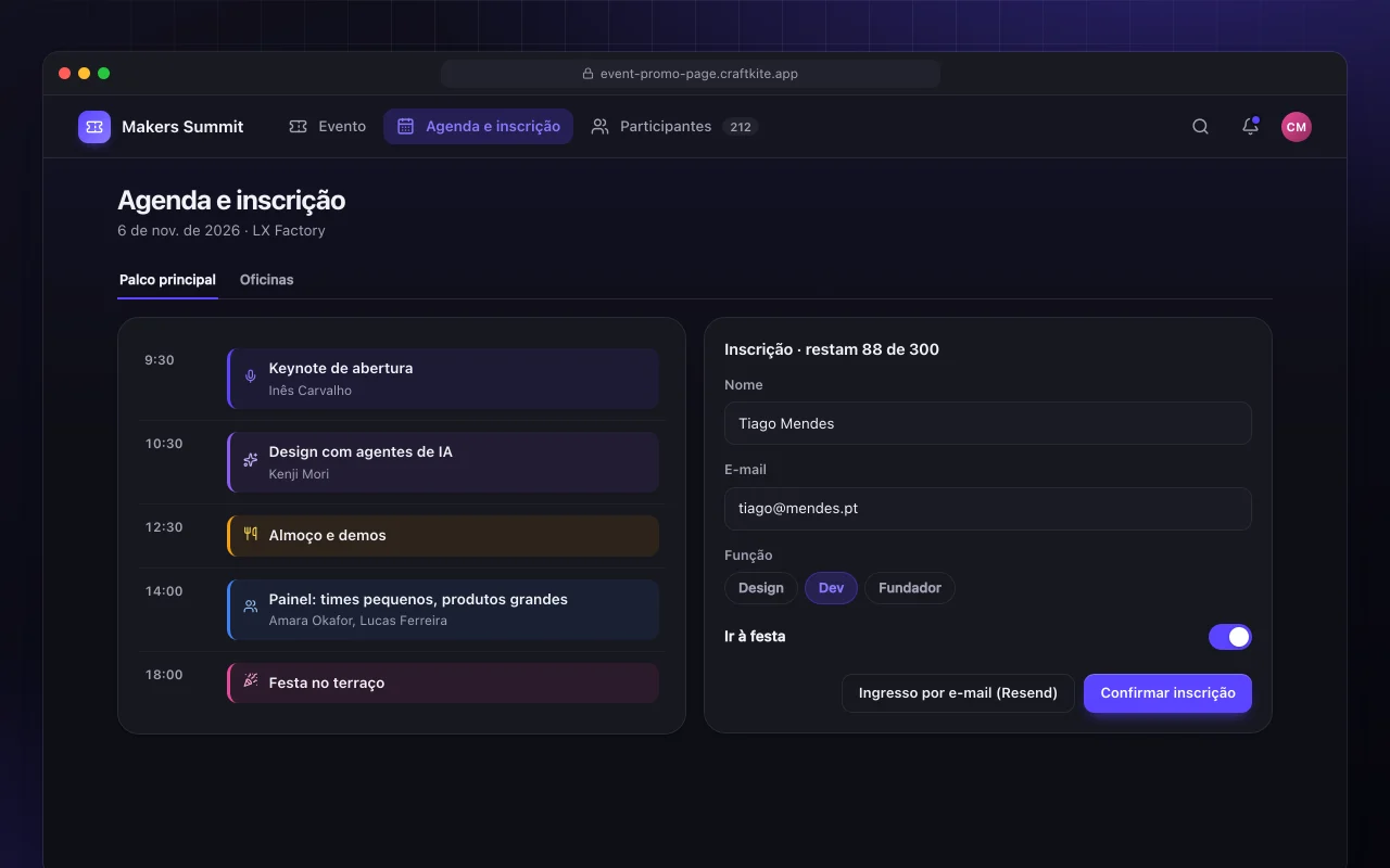 Página de divulgação de evento: a tela Agenda e inscrição