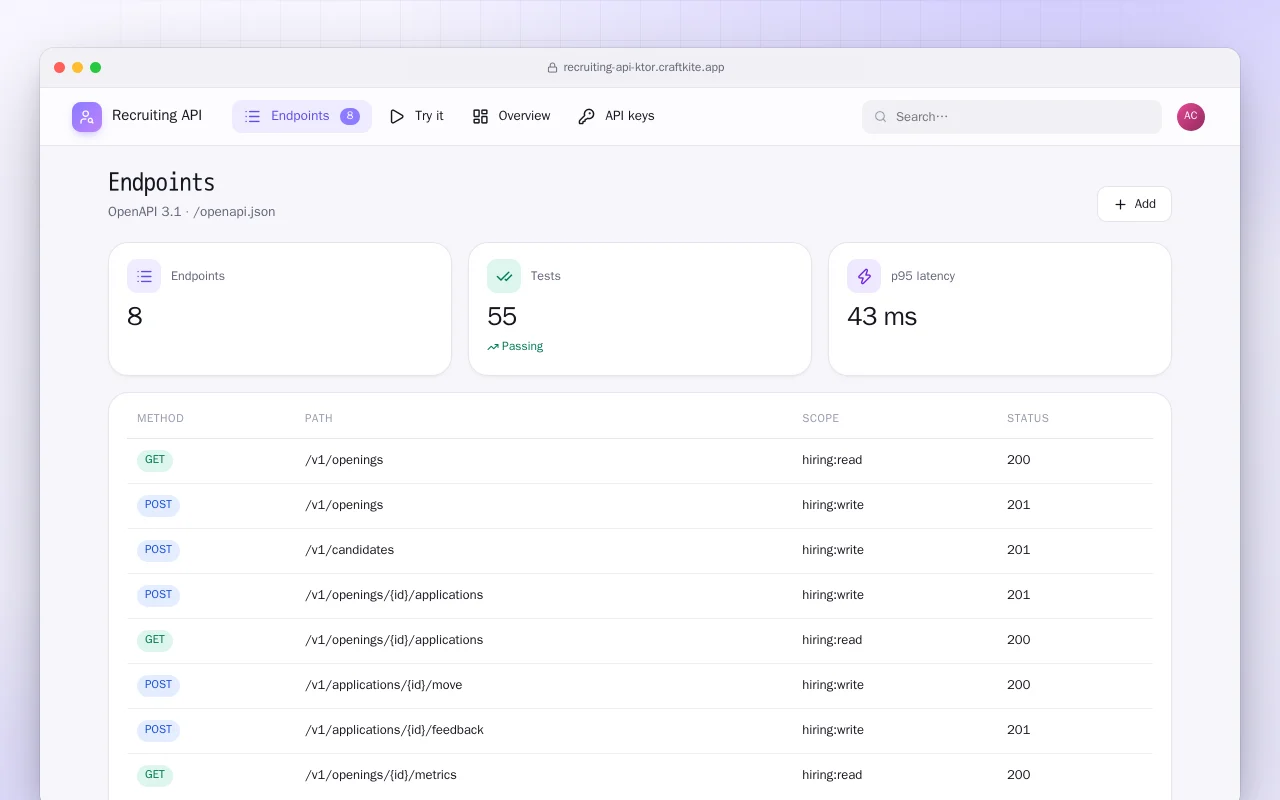 Recruiting API (Ktor): the Endpoints screen