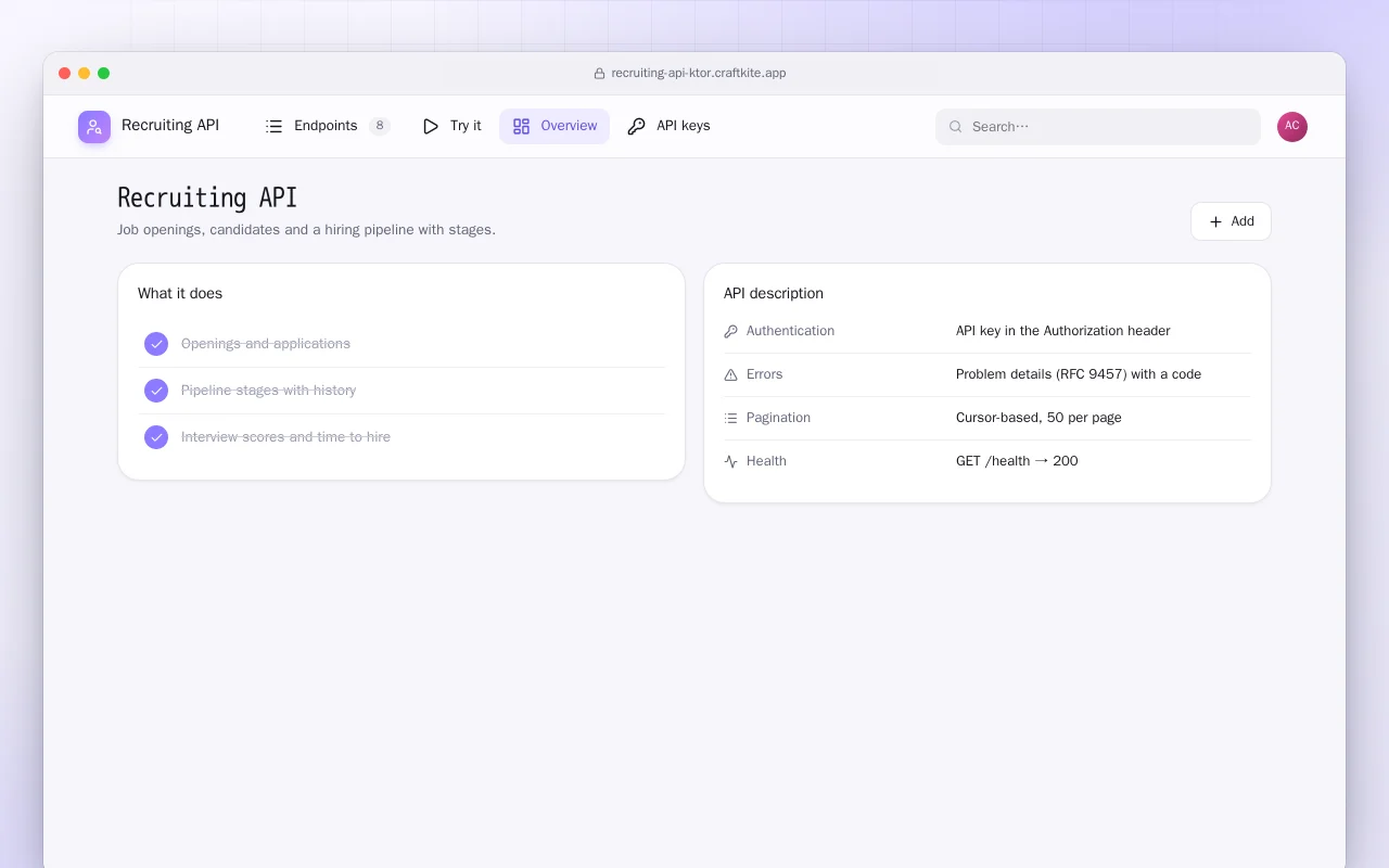 Recruiting API (Ktor): the Recruiting API screen