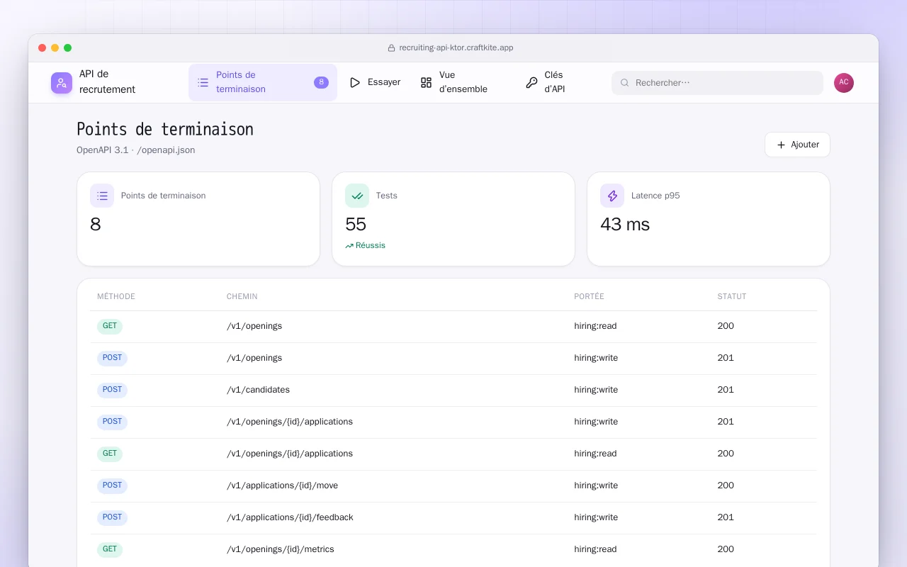 API de recrutement (Ktor) : l’écran Points de terminaison