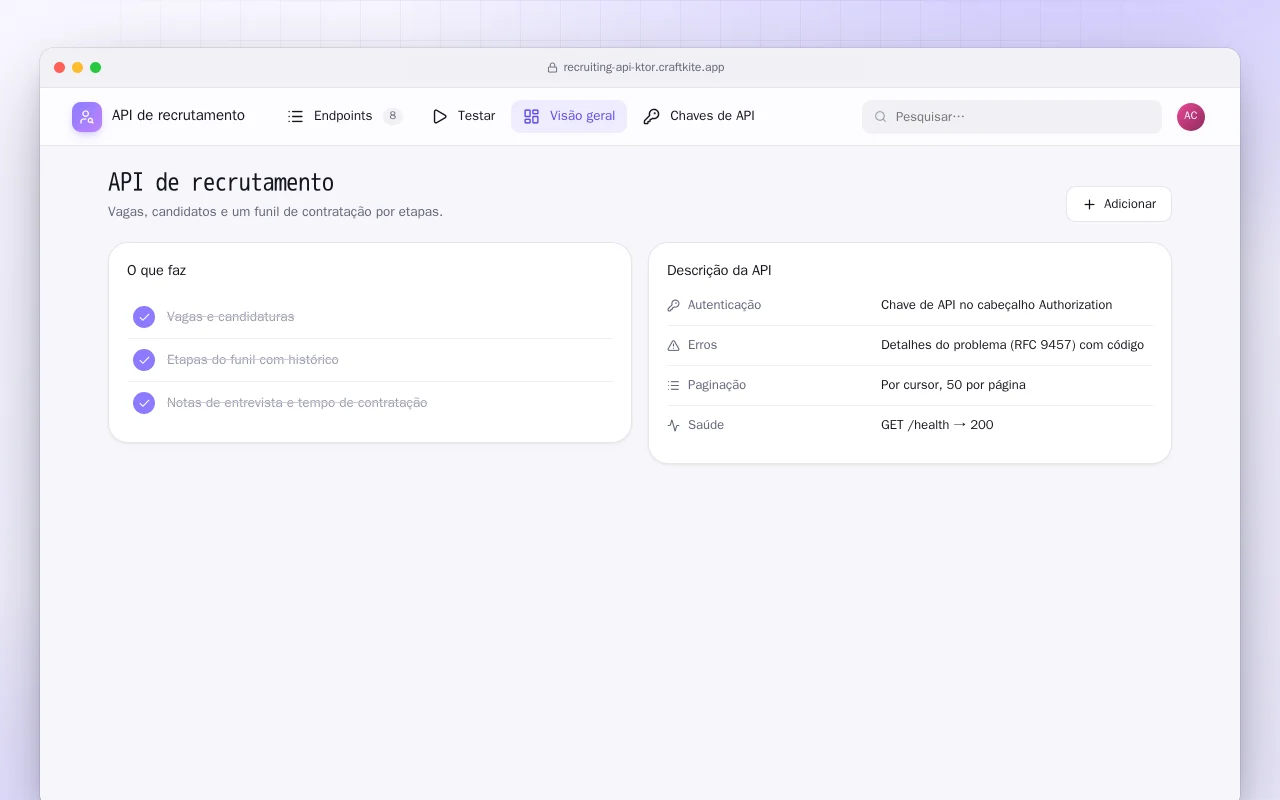 API de recrutamento (Ktor): a tela API de recrutamento