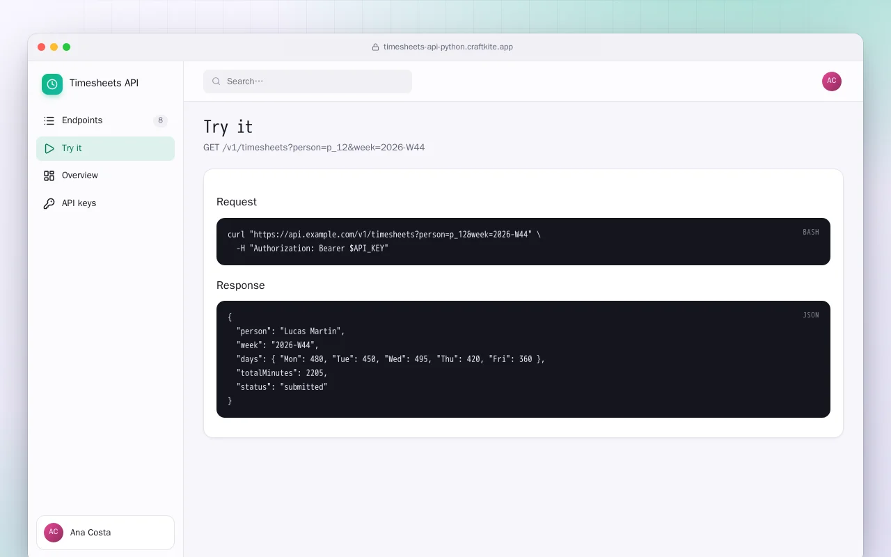Timesheets API (Python): the Try it screen