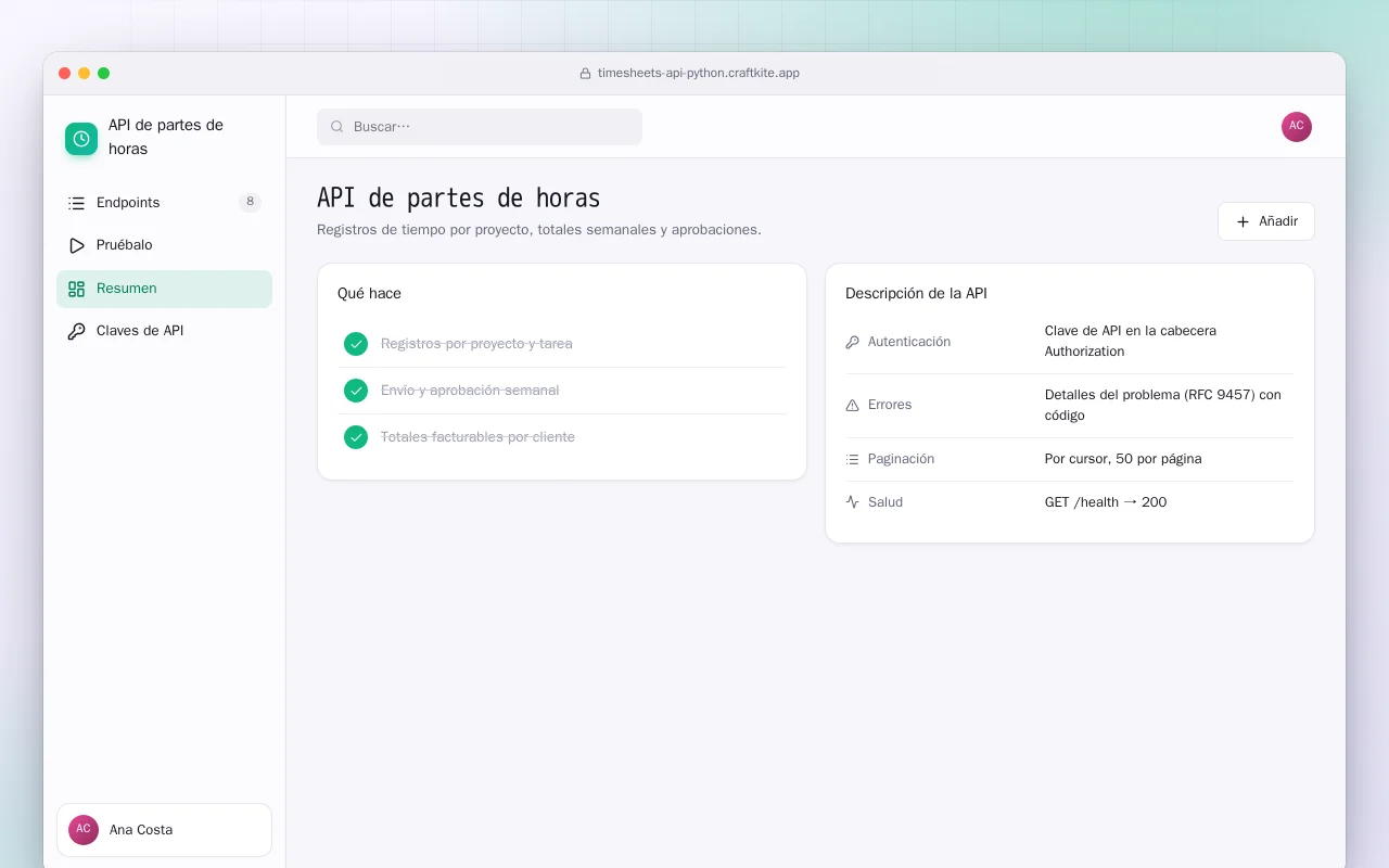 API de partes de horas (Python): la pantalla API de partes de horas