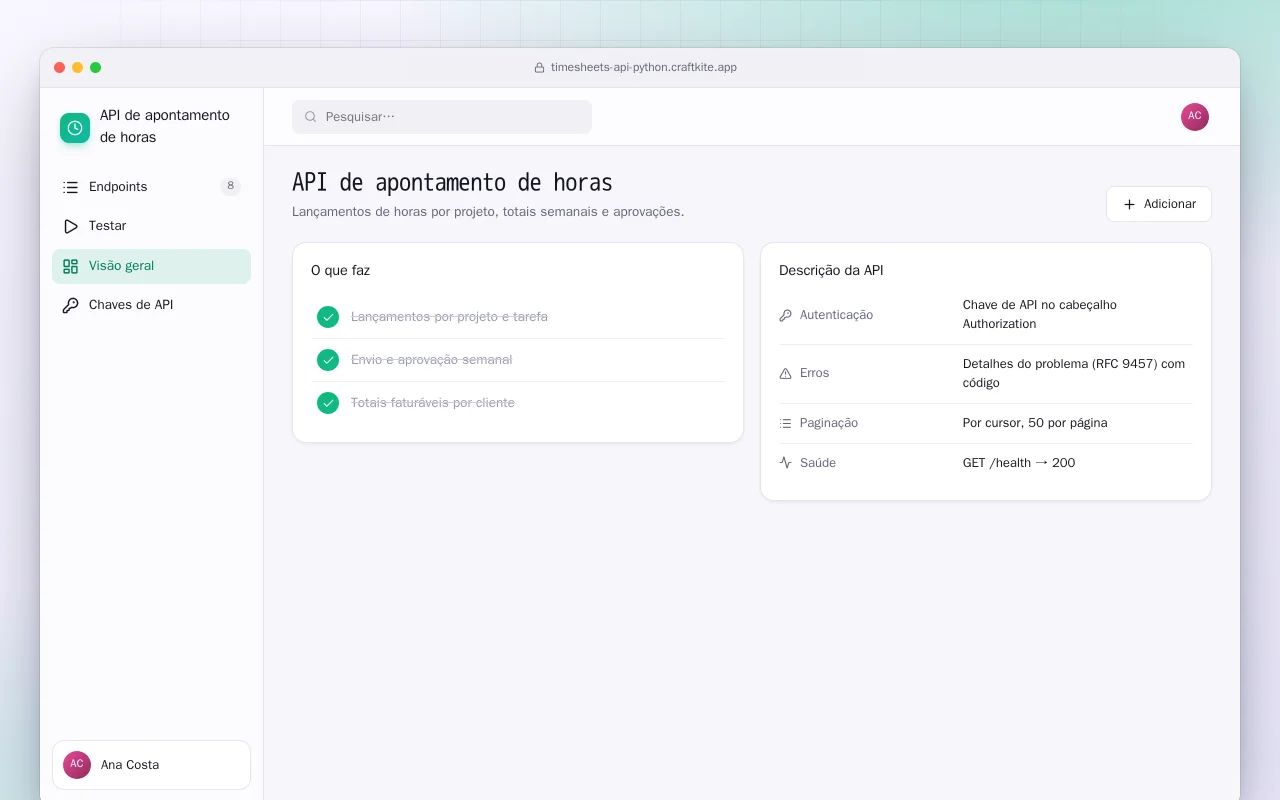 API de apontamento de horas (Python): a tela API de apontamento de horas