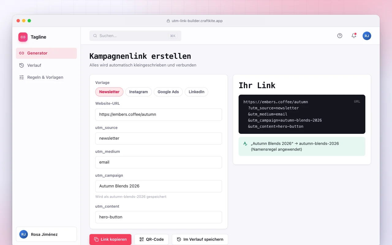 UTM-Link-Builder: der Bildschirm „Kampagnenlink erstellen“