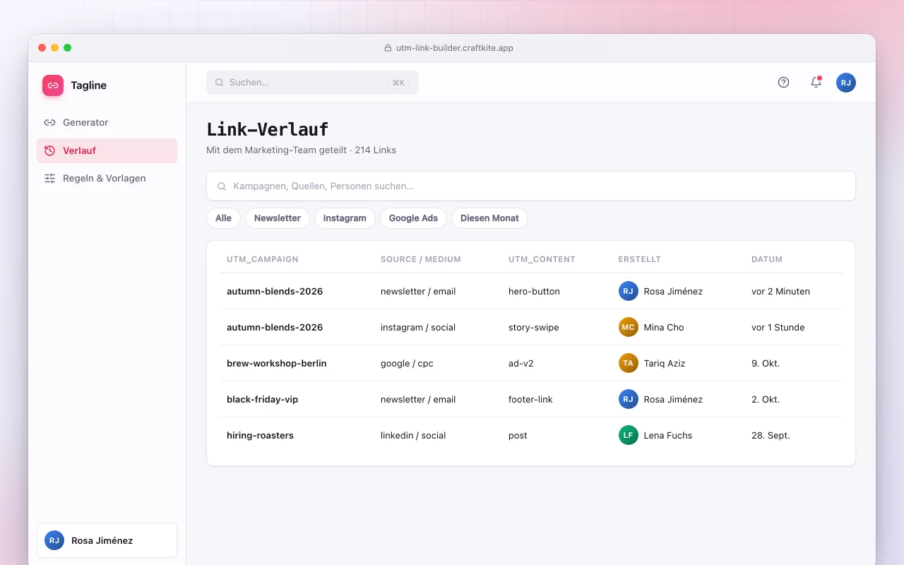 UTM-Link-Builder: der Bildschirm „Link-Verlauf“