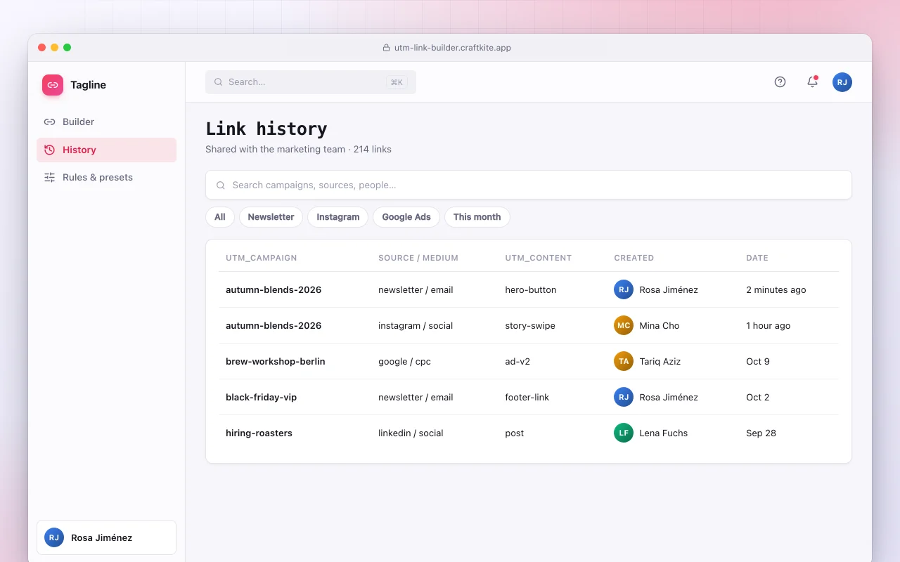 UTM link builder: the Link history screen