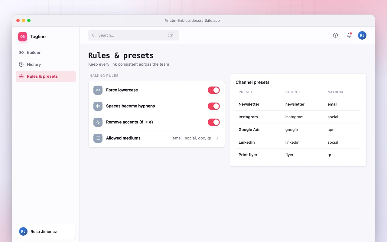 UTM link builder: the Rules & presets screen