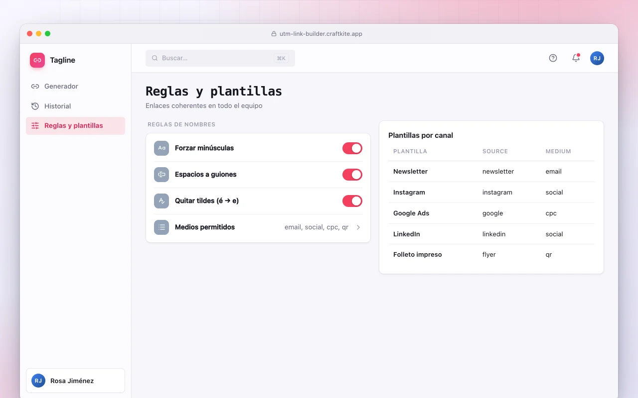 Creador de enlaces UTM: la pantalla Reglas y plantillas