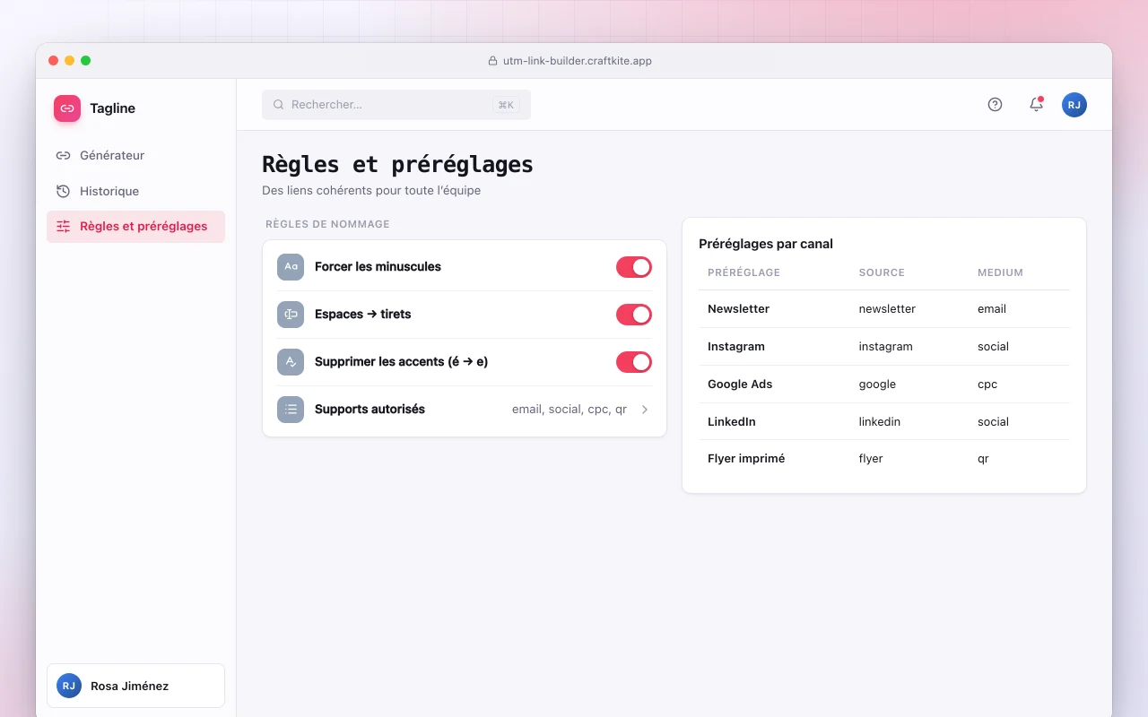 Générateur de liens UTM : l’écran Règles et préréglages