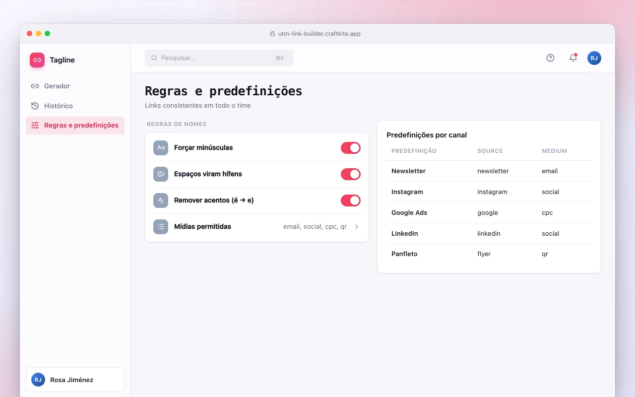 Criador de links UTM: a tela Regras e predefinições
