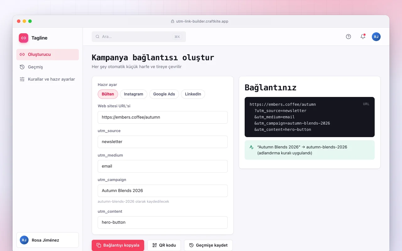 UTM bağlantı oluşturucu: Kampanya bağlantısı oluştur ekranı