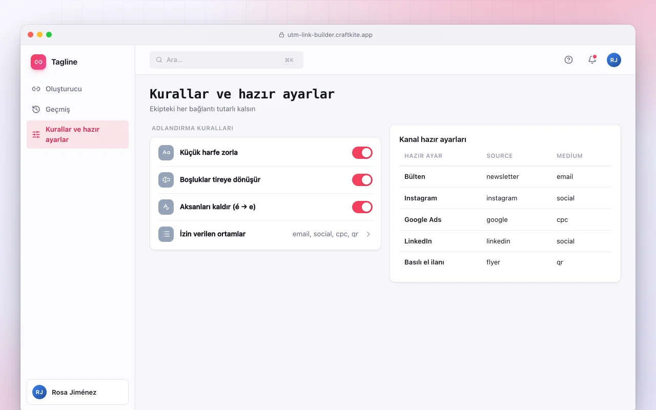 UTM bağlantı oluşturucu: Kurallar ve hazır ayarlar ekranı