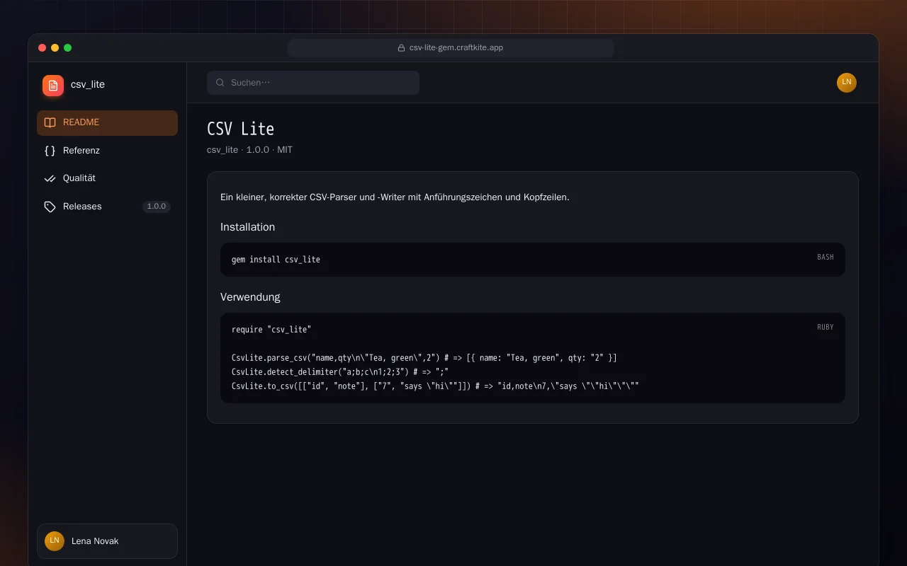 CSV Lite (Ruby): der Bildschirm „CSV Lite“