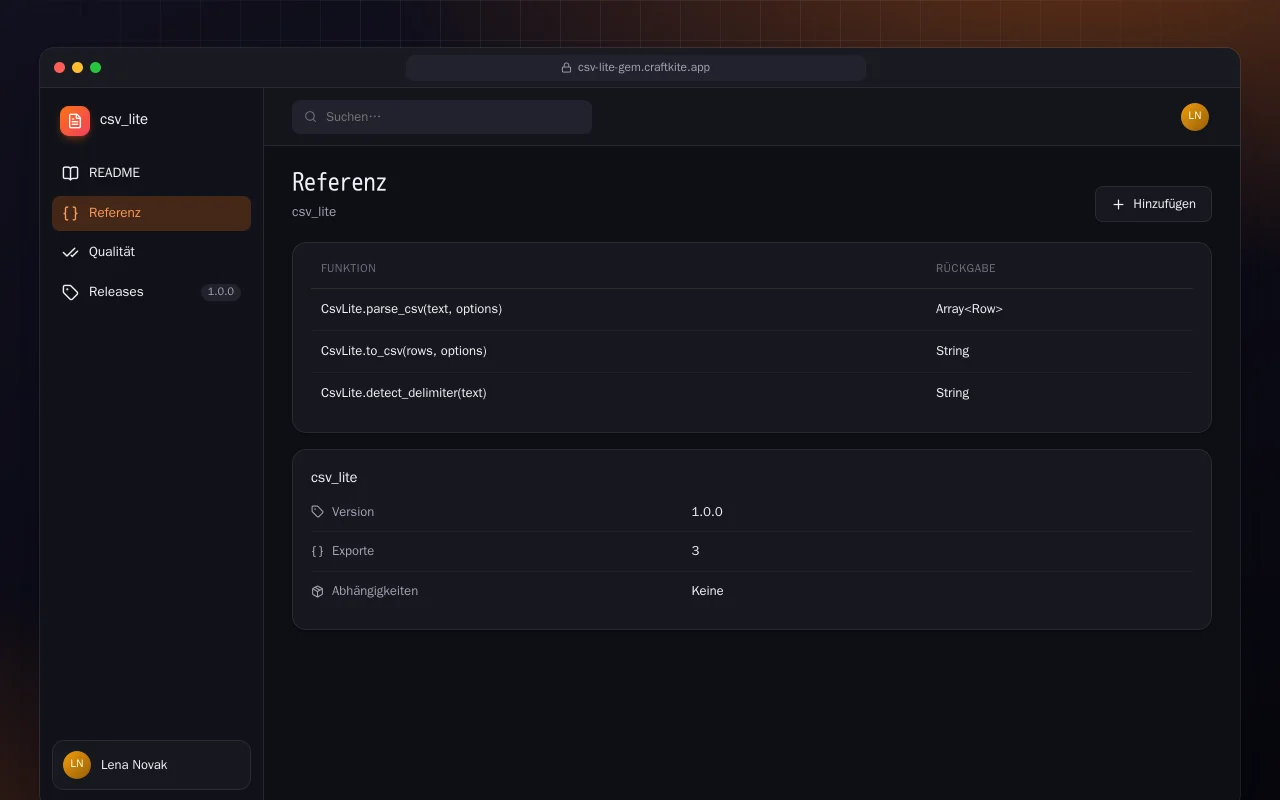 CSV Lite (Ruby): der Bildschirm „Referenz“