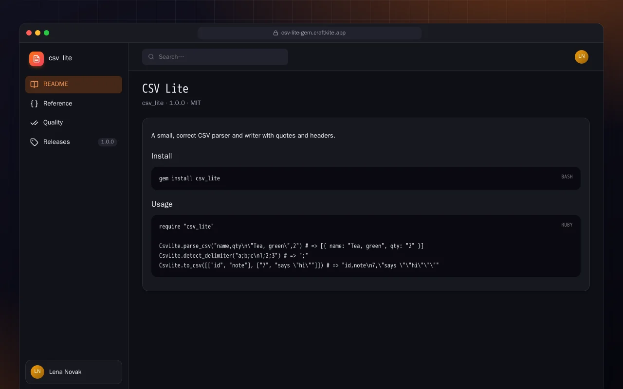 CSV Lite (Ruby): the CSV Lite screen