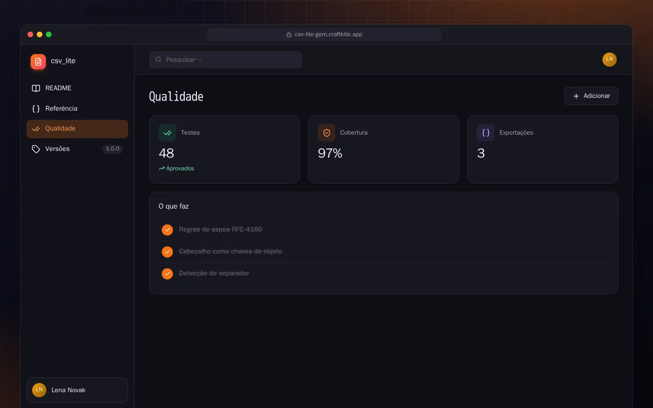 CSV Lite (Ruby): a tela Qualidade