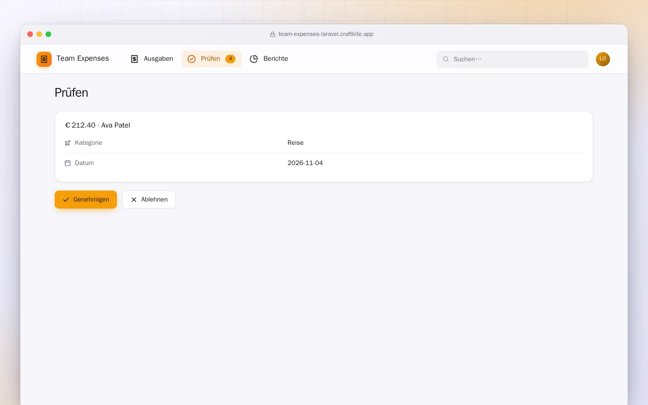 Team-Ausgaben (Laravel): der Bildschirm „Prüfen“