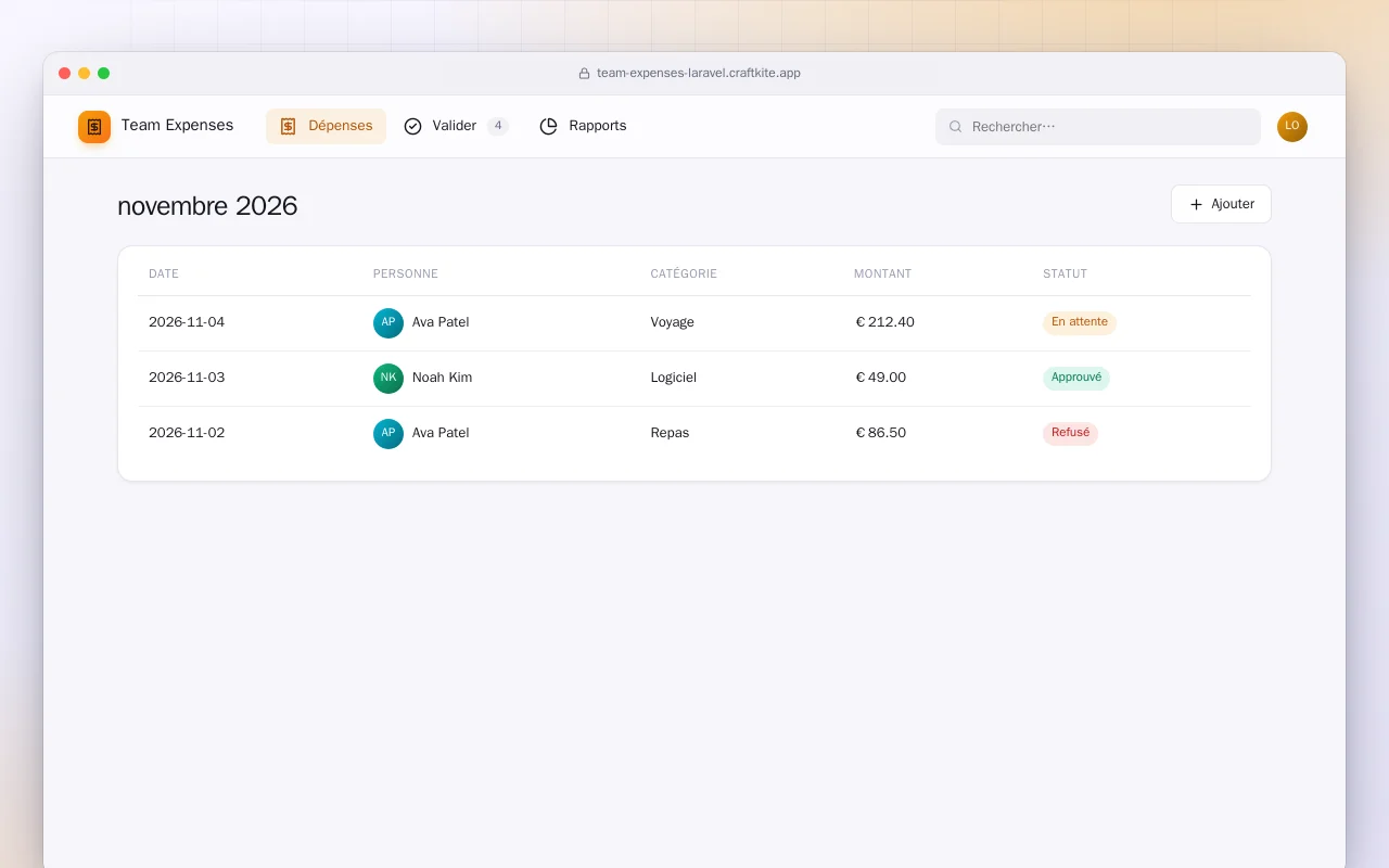 Dépenses d’équipe (Laravel) : l’écran novembre 2026