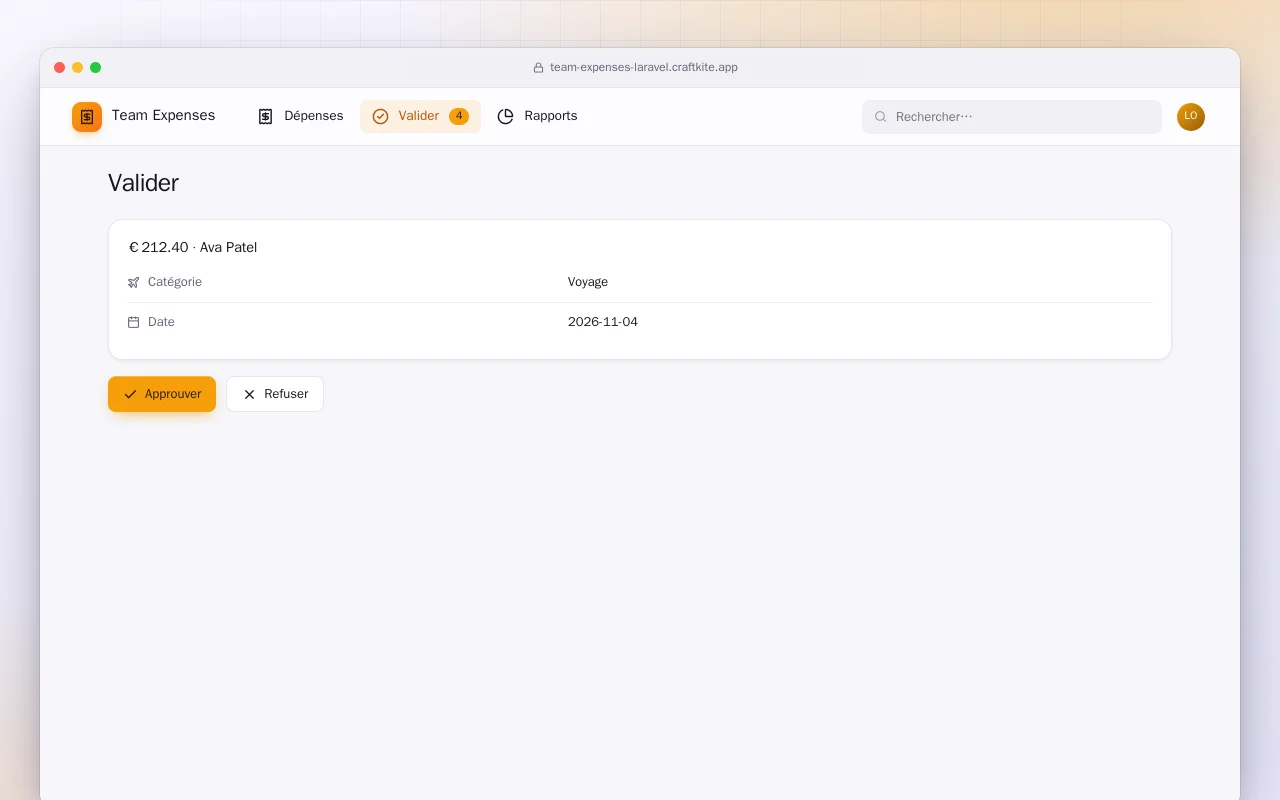 Dépenses d’équipe (Laravel) : l’écran Valider