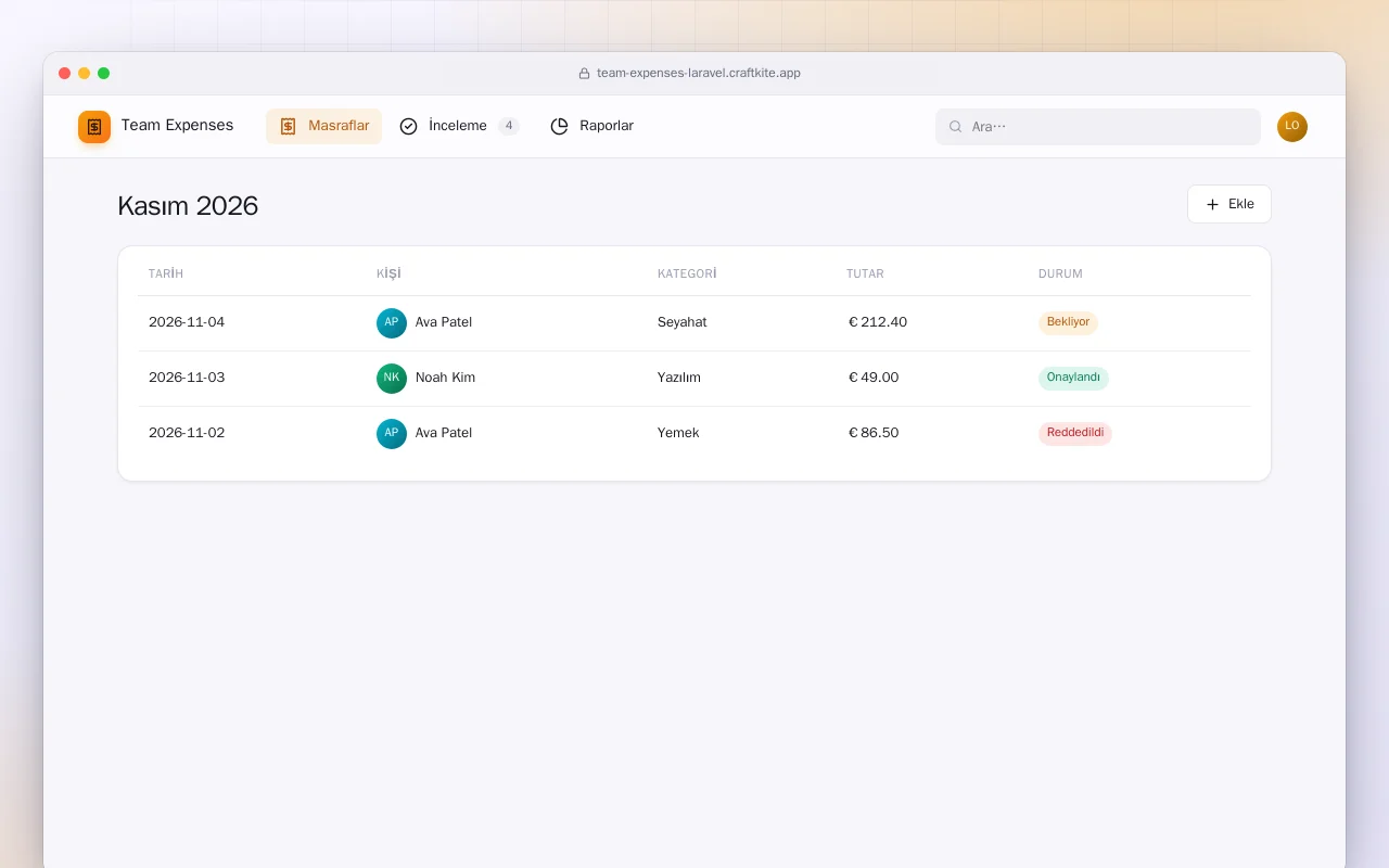 Ekip Harcamaları (Laravel): Kasım 2026 ekranı