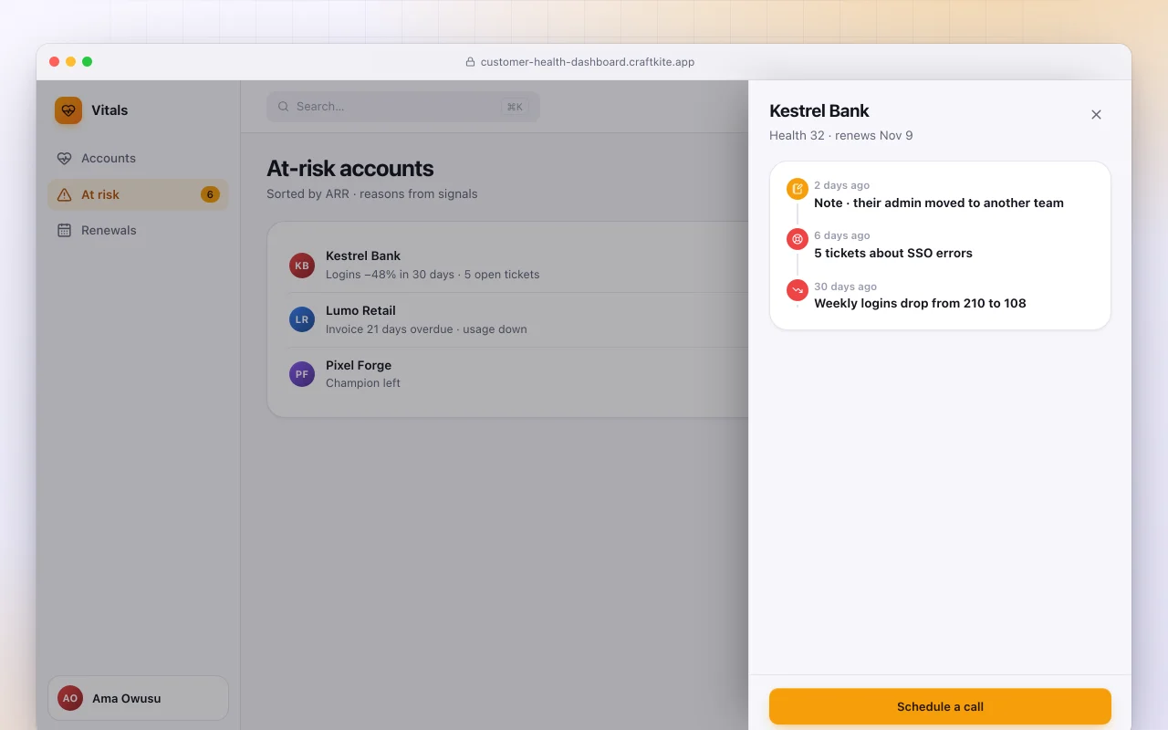 Customer health dashboard: the At-risk accounts screen