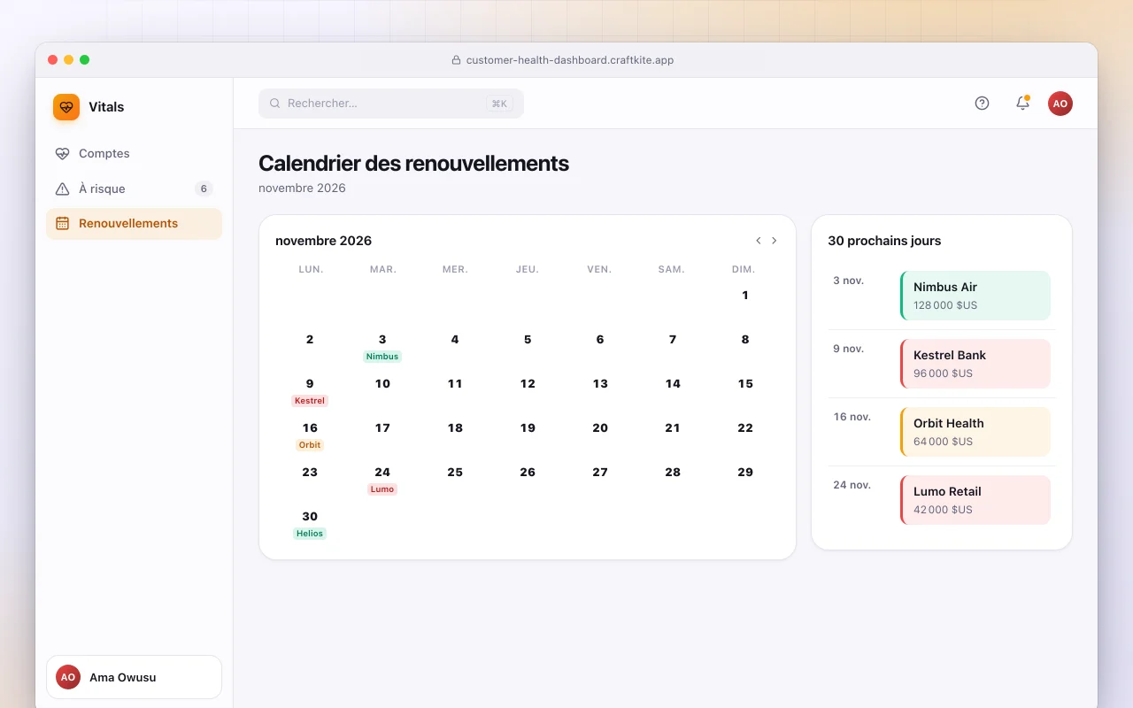 Tableau de bord de santé des clients : l’écran Calendrier des renouvellements