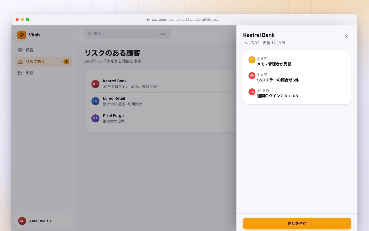 顧客ヘルスダッシュボード：リスクのある顧客画面