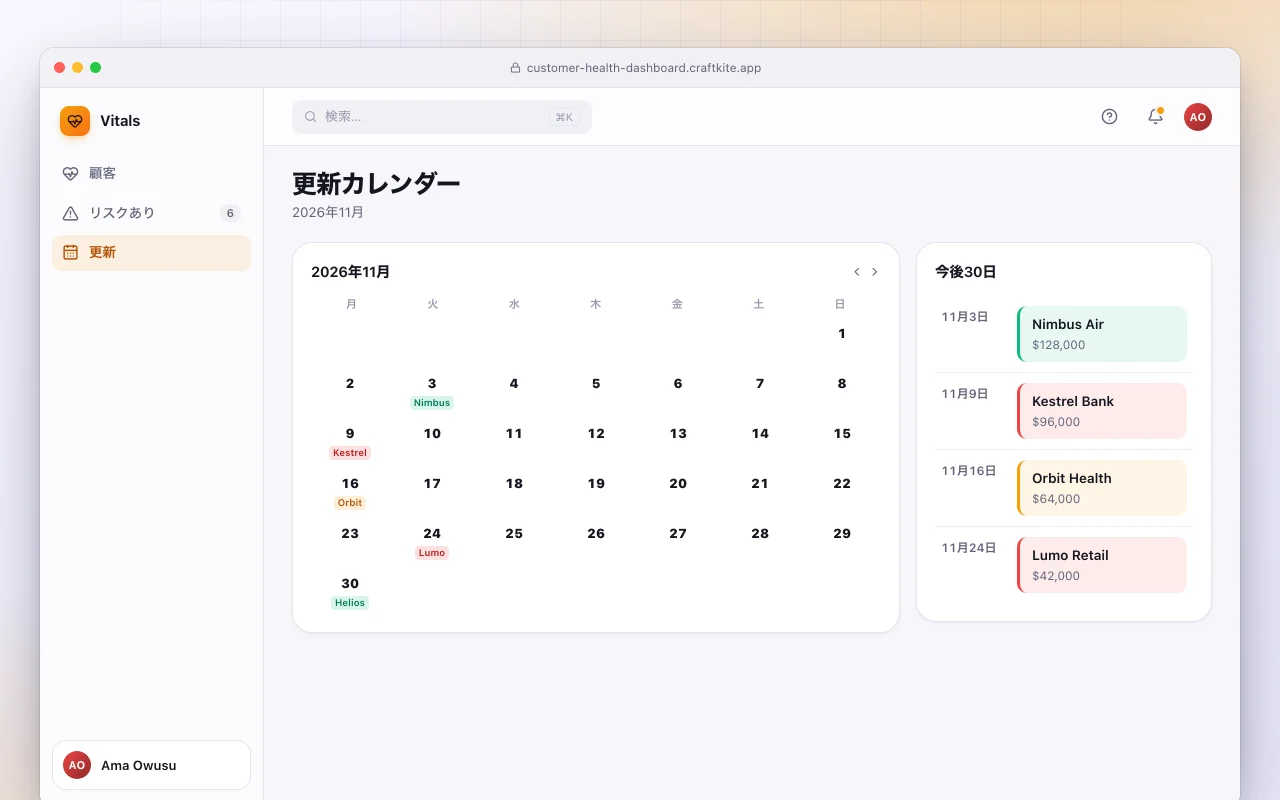 顧客ヘルスダッシュボード：更新カレンダー画面