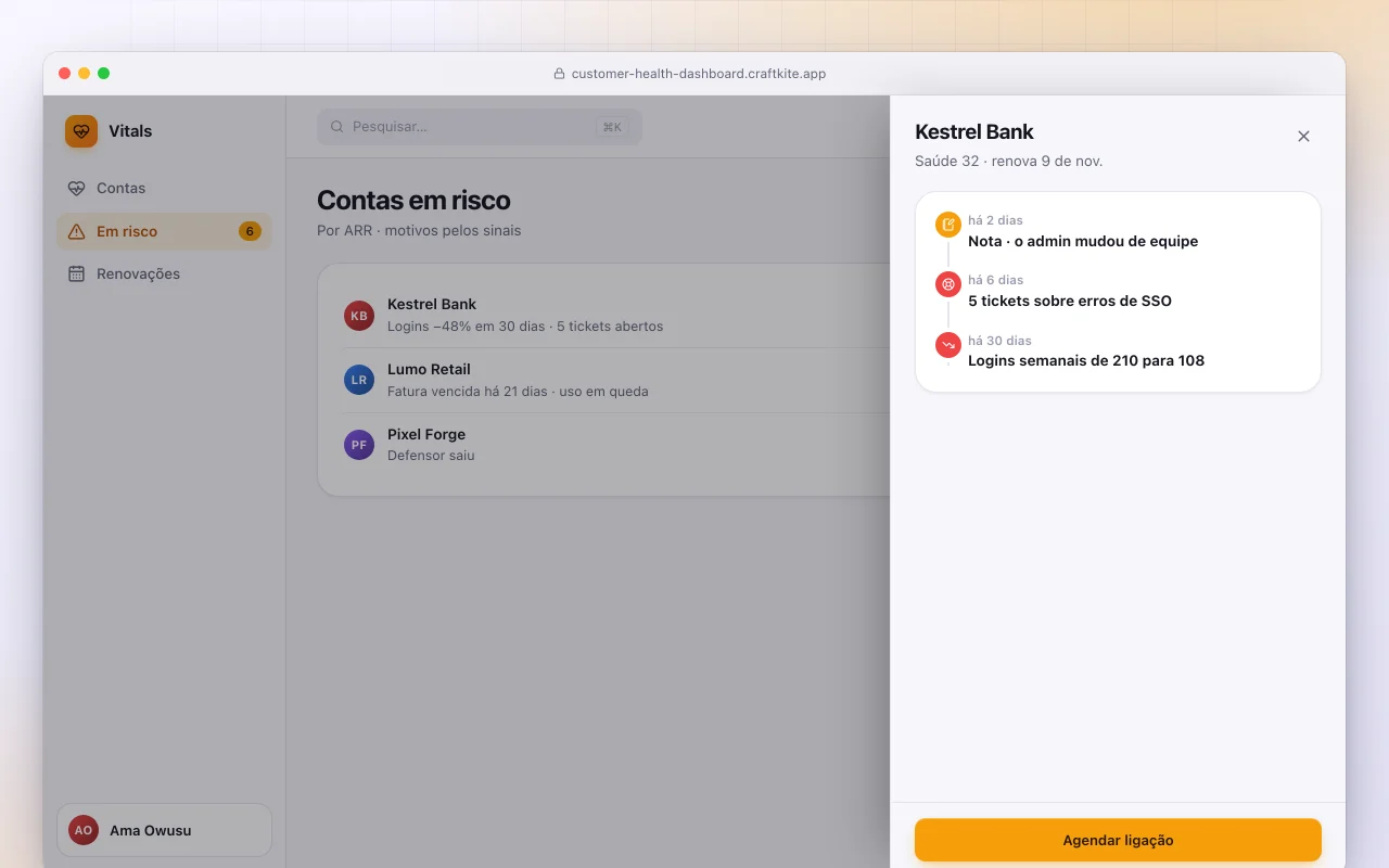 Painel de saúde dos clientes: a tela Contas em risco
