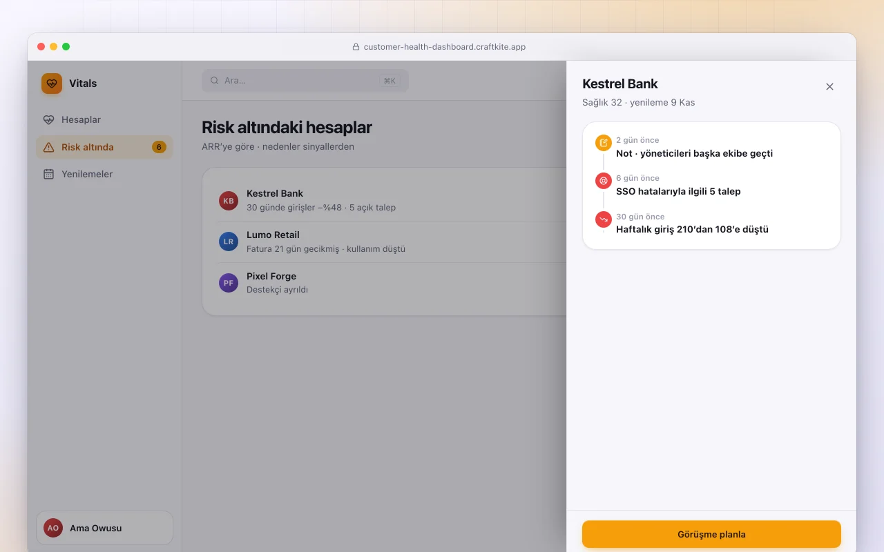 Müşteri sağlığı panosu: Risk altındaki hesaplar ekranı